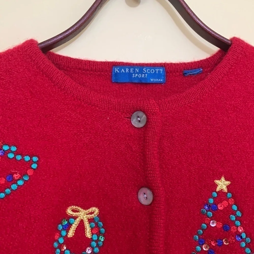 Karen Scott Sport Red Christmas Wool Thick Knit Embroidered Sequin Cardigan M/L